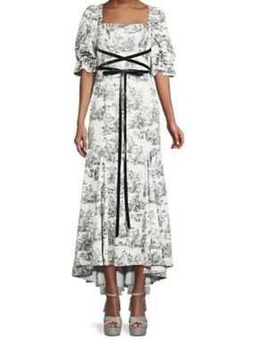 ANTONIO MELANI White and Black Toile High-Low Maxi Dress with Puff Sleeves